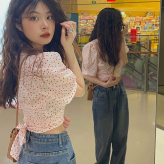 เสื้อท็อปแขนสั้น คอวี ลายจุดเซ็กซี่ แฟชั่นฤดูร้อน สไตล์เรโทร สําหรับผู้หญิง
