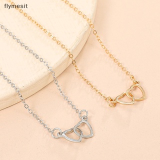 Flymesit Ins สร้อยข้อเท้าโซ่ จี้รูปหัวใจคู่ สีเงิน เครื่องประดับแฟชั่น สําหรับผู้หญิง