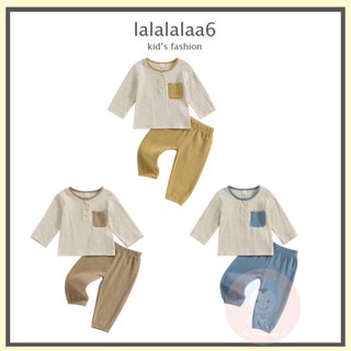 Laa6- เสื้อยืดคอกลม แขนยาว สีตัดกัน พร้อมกางเกงขายาว สําหรับเด็กผู้ชาย 2 ชิ้น