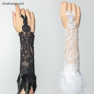 Shakangcool ถุงมือตาข่ายยาว ประดับขนนก ลูกไม้ สไตล์โกธิค ไร้นิ้ว เครื่องประดับ สําหรับผู้หญิง งานแต่งงาน ปาร์ตี้ฮาโลวีน SGL