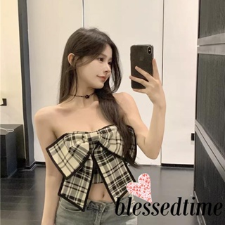 Blessedtime- เสื้อกล้ามแขนกุด เปิดหลัง ลายสก๊อต ประดับโบว์ 90s สไตล์วินเทจ เหมาะกับฤดูร้อน สําหรับผู้หญิง