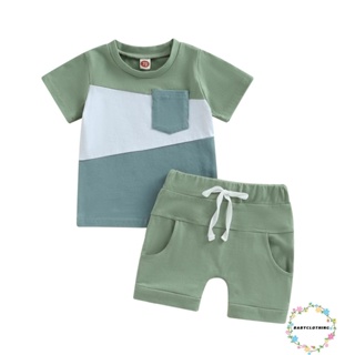 Babyclothes- ชุดเสื้อยืด คอกลม แขนสั้น กางเกงขาสั้น เอวยางยืด สีตัดกัน แฟชั่นฤดูร้อน สําหรับเด็กผู้ชาย 2 ชิ้น