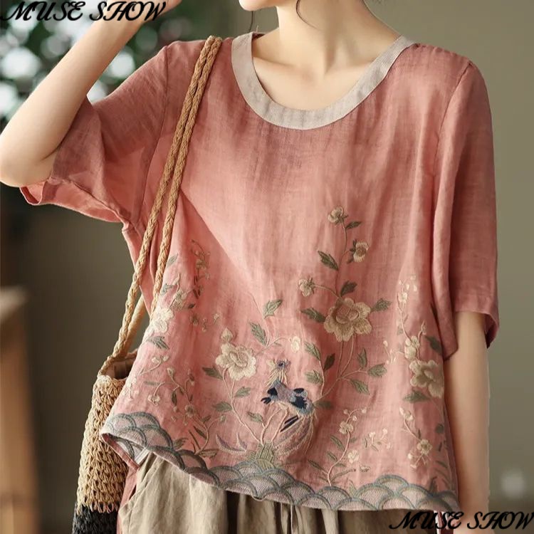 เสื้อยืดคอกลม ผ้าฝ้าย และผ้าลินิน ปักลาย ใส่สบาย เข้ากับทุกการแต่งกาย แฟชั่นฤดูร้อน สไตล์เรโทร สําหรับผู้หญิง 2023 2023 YKDH