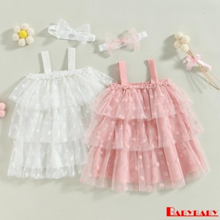 Babybaby- เด็กวัยหัดเดิน เด็กผู้หญิง จุด แขนกุด สลิง ชั้น ตาข่าย Tulle ชุดเค้ก พร้อมที่คาดผม