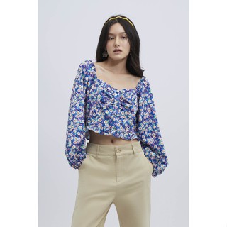 ESP เสื้อเบลาส์ลายดอกไม้แต่งแขนพอง ผู้หญิง สีน้ำเงิน | Puff Sleeve Floral Print Blouse | 5783