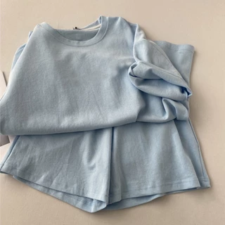 สีทึบ ชุดเซ็ท2ชิ้น เสื้อยืดคอกลม-กางเกงขาสั้นเอวยืด สีพาสเทล น่ารักมากๆ ใส่สบาย ได้ทุกล