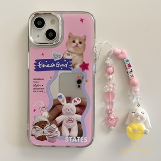 For เคสไอโฟน 14 Pro Max [Mirror Rabbit Cat Chain] เคส Phone Case For iPhone 14 Pro Max Plus 13 12 Mini 11 For เคสไอโฟน11 Ins Korean Style Retro Classic Couple Shockproof Protective TPU Cover Shell