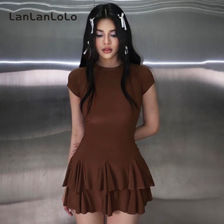 Lanlanlolo ชุดเดรสลําลอง คอกลม แขนสั้น สีพื้น สําหรับผู้หญิง 2023