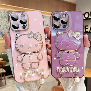 เคสโทรศัพท์มือถือ ซิลิโคนนุ่ม ลายเฮลโลคิตตี พร้อมกระจกแต่งหน้า ประดับมุก หรูหรา สําหรับ OPPO A83 OPPO A91 OPPO A71 OPPO A74