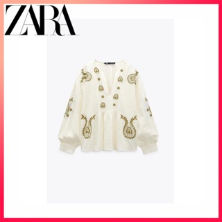 Zara ใหม่ เสื้อเชิ้ต ผ้าฝ้าย ปักลาย สําหรับผู้หญิง