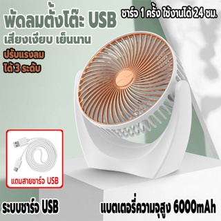 พัดลม พัดลมตั้งโต๊ะ พัดลมพกพา แบตเตอรี่ความจุสูง 6000mAh พัดลมไร้สาย ลมแรง ชาร์จUSB เสียงเงียบ ปรับได้3ระดับ คุณภาพสูง