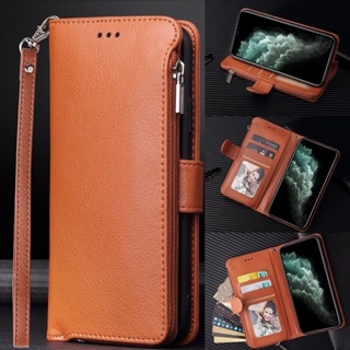 เคสโทรศัพท์หนัง ฝาพับ พร้อมช่องใส่บัตร มีซิป และสายคล้อง สําหรับ Samsung Galaxy S23 S22 S21 S20 Plus Note 20 Ultra