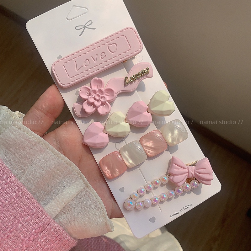 2023ชุดกิ๊บติดผมดอกไม้รักสีชมพูสาวหวานหัวใจมุกโอปอลคลิปด้านข้าง