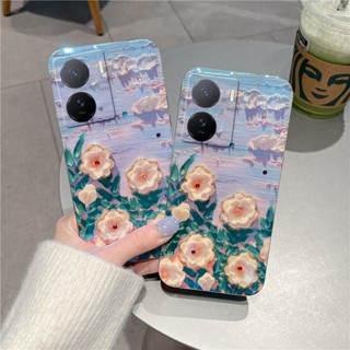 พร้อมส่ง เคสโทรศัพท์มือถือ ซิลิโคนนิ่ม ป้องกันกล้อง ลายดอกคามิเลีย แต่งพลอยเทียม บลูเรย์ แฟชั่นโรแมนติก สําหรับ VIVO iQOO Z7 Z7x V27 Y02A 5G 2023