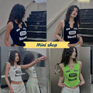 Mini shop🌸พร้อมส่ง🌸 (95121) เสื้อกล้ามไหมพรม คอสี สกันตัวเลข1989 ครอปสั้นกำลังมา