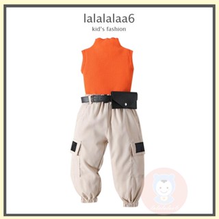 Laa6-1-5 ปี เสื้อกล้าม แขนกุด คอจําลอง สีพื้น พร้อมกระเป๋าใหญ่ เข็มขัด กางเกงคาร์โก้ + กระเป๋า สําหรับเด็กผู้หญิง