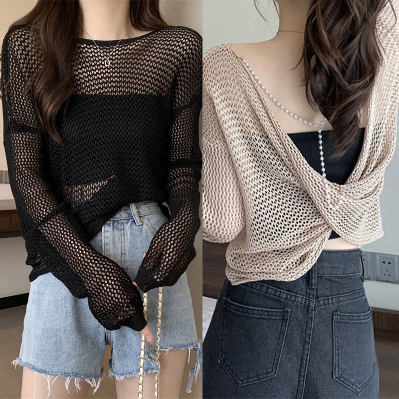 Grace_chili E241 เสื้อคลุม ตาข่ายแขนยาว เว้าหลัง ดีเทลแต่งสายมุก เซ็กซี่