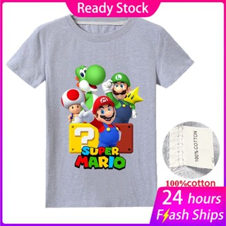 เสื้อยืดแขนสั้น ผ้าฝ้าย พิมพ์ลาย Super Mario 3-15Y สําหรับเด็กผู้ชาย และเด็กผู้หญิง