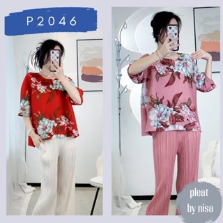 Pleatbynisa P2046 เสื้ออัดพลีทแขนกระบอก แต่งลายดอก สีสวยหวาน เนื้อผ้าคุณภาพ polyester100%