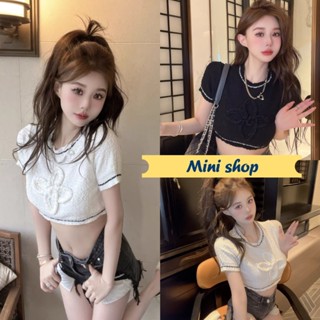 Mini shop🌸พร้อมส่ง🌸 (78066) เสื้อไหมพรมแขนสั้น ครอปสั้นน่ารักใส่สบายมาก -C