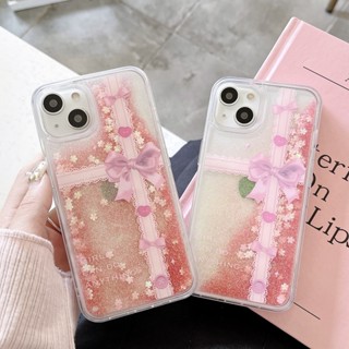 เคสโทรศัพท์มือถือ มีทรายไหล ประดับโบว์น่ารัก สําหรับ Apple 11 12 pro 13PM iphone14promax