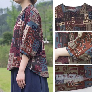 เสื้อผ้าฝ้ายและผ้าลินินปกเสื้อกลมแขน7ส่วน
