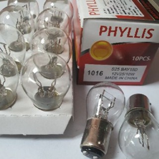 TTL หลอดไฟท้าย  รถยนต์  PHYLLIS 1016 ไฟเบรค ไฟหรี่ 12v /25w 2ไส้ (1กล่อง10หลอด)