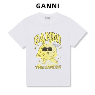 【พร้อมส่ง】GANNI เสื้อยืดลําลอง แขนสั้น คอกลม พิมพ์ลายกระต่าย สีขาว สีเหลือง สําหรับสตรี