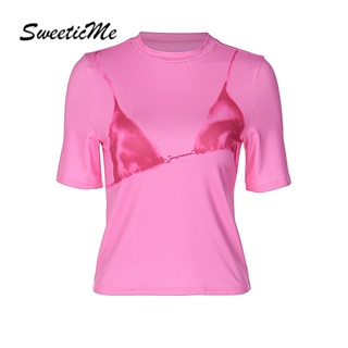 Sweeticme ใหม่ เสื้อยืดลําลอง แขนสั้น คอกลม พิมพ์ลาย สีตัดกัน เซ็กซี่ เข้ากับทุกการแต่งกาย แฟชั่นสําหรับสตรี 2023