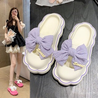 🌈พร้อมส่ง🌈รองเท้าหัวใหญ่ ผู้หญิงฤดูร้อนใหม่ ins เมฆนุ่มแต่เพียงผู้เดียวโบว์ชายหาดรองเท้าแตะ SF2CZ028