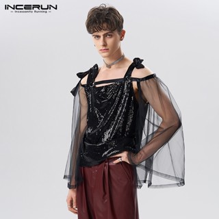 Incerun เสื้อยืด เปิดไหล่ ดีไซน์ตาข่าย