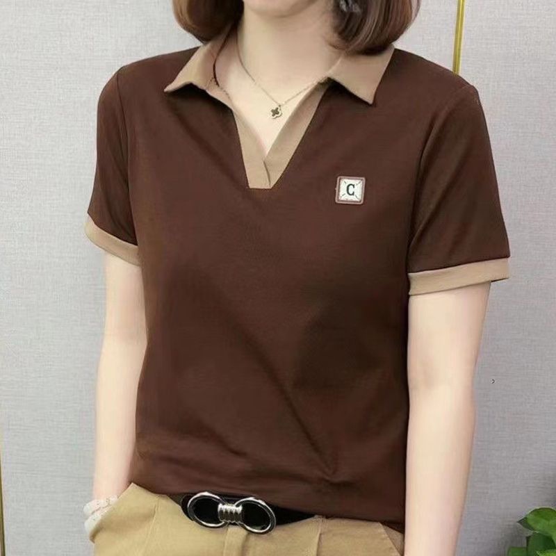 [M ~ 5XL] 5 สีใน ~ เสื้อผ้าผู้หญิงขนาดใหญ่ 2023 ฤดูร้อน Simple All-Match แฟชั่นแฟชั่น Contrast สีLapelเสื้อยืดแขนสั้นผู้หญิงTop Age-Reductionเสื้อขนาดเล็ก