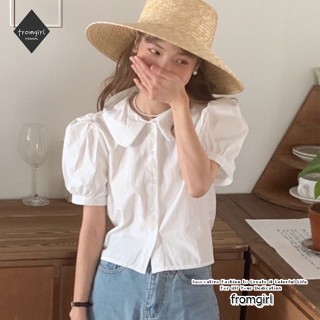 เสื้อครอป แขนพัฟ กระดุมแถวเดียว สีขาว แฟชั่นฤดูร้อน