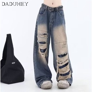 DaDuHey🎈 American Style Retro New High Waist Jeans Womens Casual Loose All-Match Retro Design Ripped Straight Wide Leg Casual Mop Pants