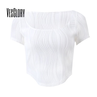 Vesglory เสื้อครอปท็อปลําลอง แขนสั้น คอยู เข้ารูป สีพื้น เข้ากับทุกการแต่งกาย แฟชั่นสําหรับสตรี 2023