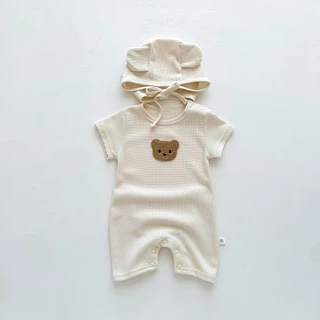 Ins ฤดูร้อน ใหม่ เด็กทารก เด็กผู้ชาย เด็กผู้หญิง แขนสั้น บอดี้สูท + หมวก 0-24 เดือน บาง ระบายอากาศ หมีน้อย วาฟเฟิล รอมเปอร์ + หมวก สไตล์เกาหลี