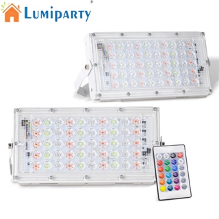 Lumiparty โคมไฟสปอตไลท์ Led 220v 50w Rgb กันน้ํา น้ําหนักเบา พร้อมรีโมตคอนโทรล สําหรับติดผนังกลางแจ้ง