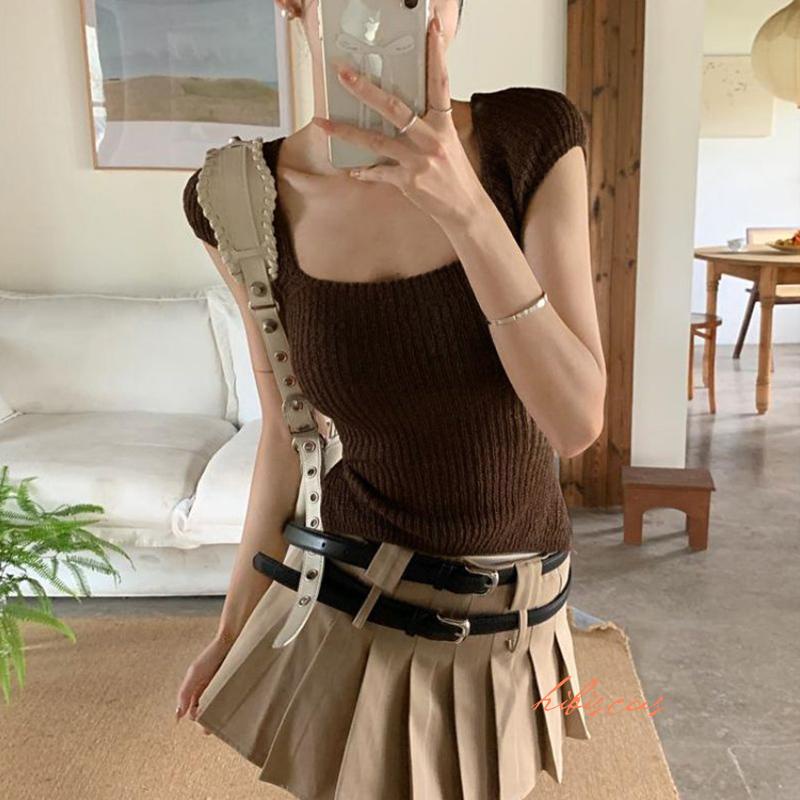 Hibiscus- เสื้อยืดถัก แขนสั้น คอสี่เหลี่ยม สไตล์สตรีท สําหรับผู้หญิง ใส่ไปคลับ ปาร์ตี้