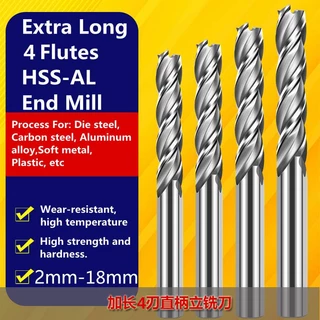 ดอกกัดมิลลิ่ง HSS-AL CNC ก้านตรง 4 แฉก เส้นผ่าศูนย์กลาง 2/3/4/6/8/10/12 มม. 16 มม. 18 มม. ยาวพิเศษ 1 ชิ้น