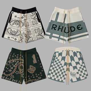 X8XD RHUDE color matching letter knitted jacquard drawstring shorts American retro plaid cashew flower casual cropped pants for men