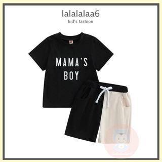 Laa6 เสื้อยืดแขนสั้น พิมพ์ลายตัวอักษร และกางเกงขาสั้น สีตัดกัน สําหรับเด็กผู้ชาย