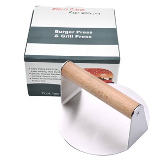 Round Smooth Cooking Stainless Steel Non Stick Heavy Duty Easy Clean Anti Scald With Wood Handle Bacon Meat Burger Press