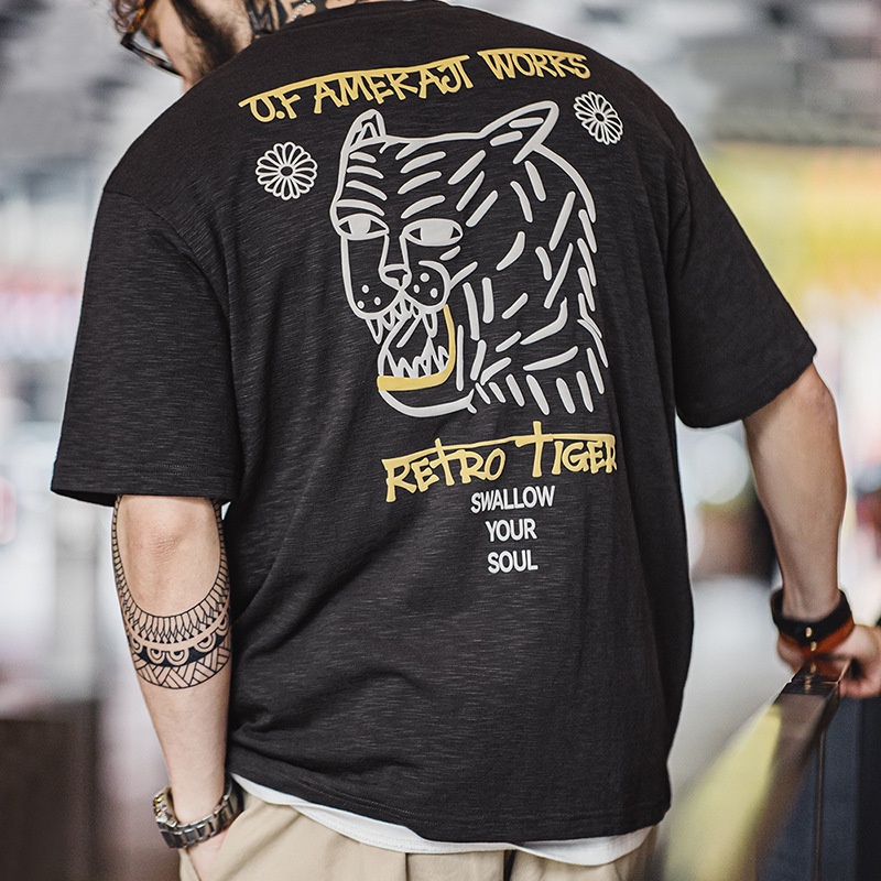 เสื้อยืดคอกลม แขนสั้น พิมพ์ลายเสือ แบบนูน ระบายอากาศ สไตล์อเมริกัน โมเดิร์น