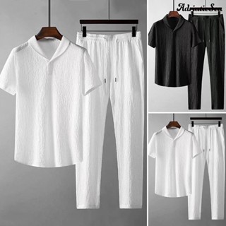 [ADRS]✦ชุดเสื้อเชิ้ตแขนสั้น คอปก และกางเกงขายาว แต่งจับจีบ เอวยางยืด จํานวน 2 ชิ้น ต่อชุด
