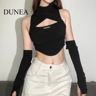 Dunea เสื้อครอปท็อป แขนกุด คอสูง สีพื้น เซ็กซี่ สําหรับผู้หญิง