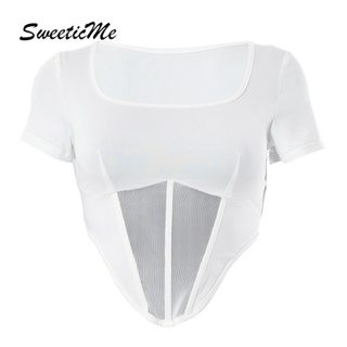 Sweeticme ใหม่ เสื้อยืดลําลอง แขนสั้น คอสี่เหลี่ยม เข้ารูป สีพื้น เข้ากับทุกการแต่งกาย แฟชั่นสําหรับสตรี 2023