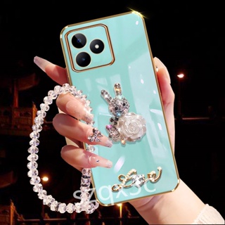 ใหม่ เคสโทรศัพท์มือถือ ปิดด้านหลัง ลายกระต่าย ดอกไม้น่ารัก ประดับเพชร คริสตัล พร้อมสายคล้องมือ สําหรับ Realme 11 Pro+ C53 C55 NFC 4G 10 Pro 5G Coca-Cola Edition 10 4G 2023 RealmeC53