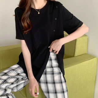 mimi&amp;di#เสื้อยืดแฟชั่น โอเวอร์ไซส์ เสื้อผ้าผู้หญิง ผ่าข้างเสื้อแขนสั้นเข้าได้กับทุกชุด อ้วนมม เสื้อสวมหัว สีทึบ XXL 2411