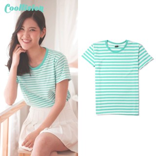 #Coollision-MINT- เสื้อยืดลายทางสีเขียวมิ้นสลับขาว 1 ซม.เสื้อลายทาง unisex