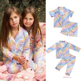 Innocence- ชุดนอน เสื้อแขนสั้น คอปก ลายทางสีรุ้ง และกางเกงขาสั้น และกางเกงขายาว แฟชั่นฤดูร้อน สําหรับเด็กผู้ชาย และเด็กผู้หญิง